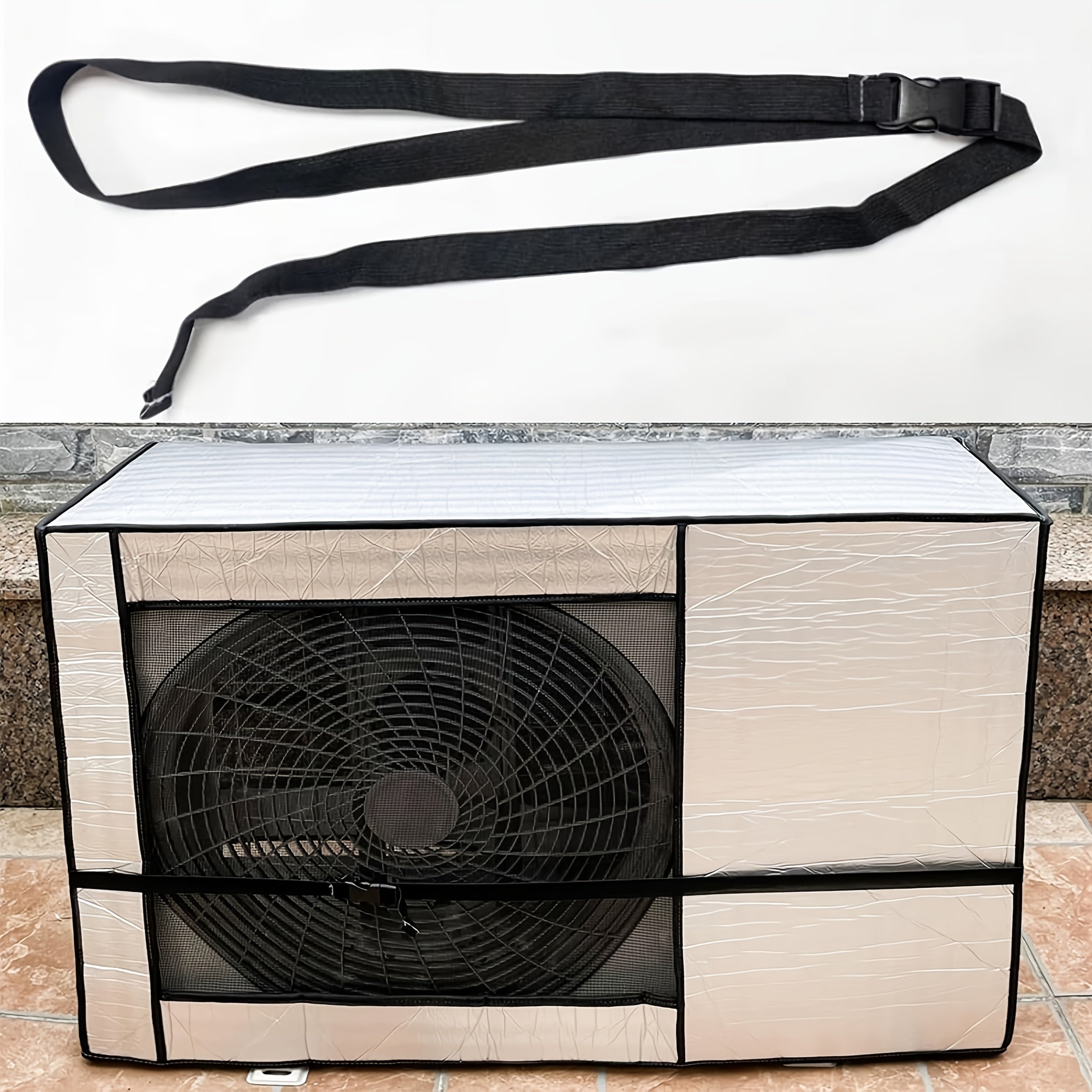 Tashqi konditsioner uchun uzoq muddatli alyuminiy qoplama - suv o'tkazmaydigan, chang va qor himoyasini ta'minlaydi, oson o'rnatish uchun sozlanadigan tasmalarga ega va zamonaviy ko'rinish uchun to'rli dizayn.