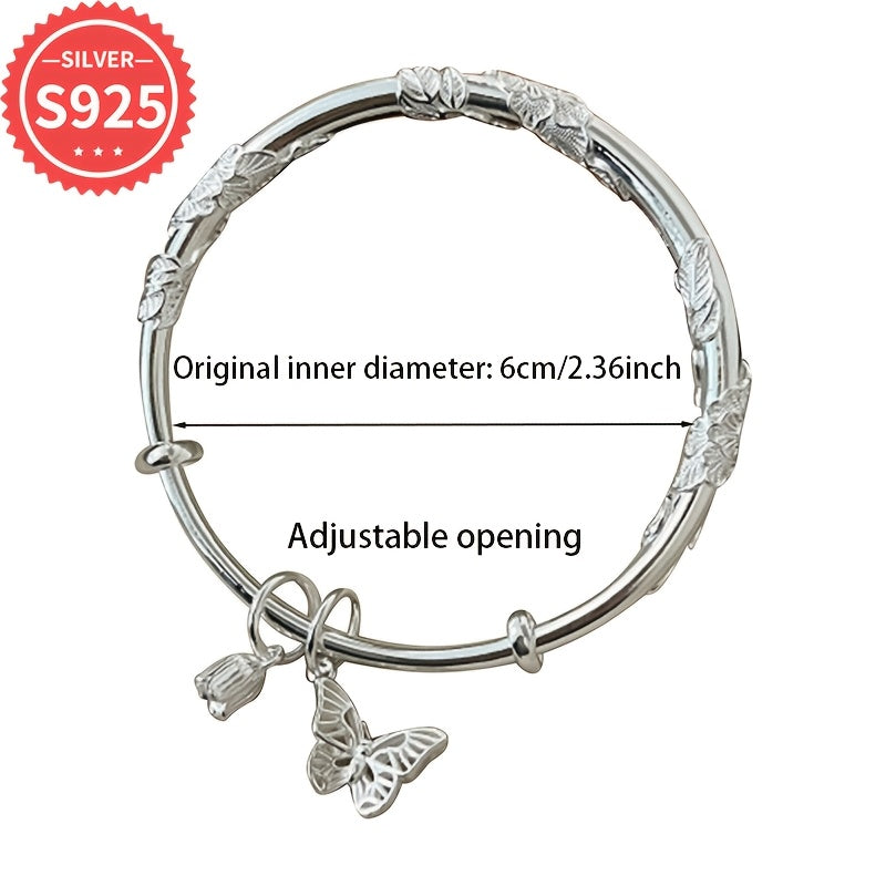 Pulsera ajustable de plata de ley con colgante de flor y mariposa joyería