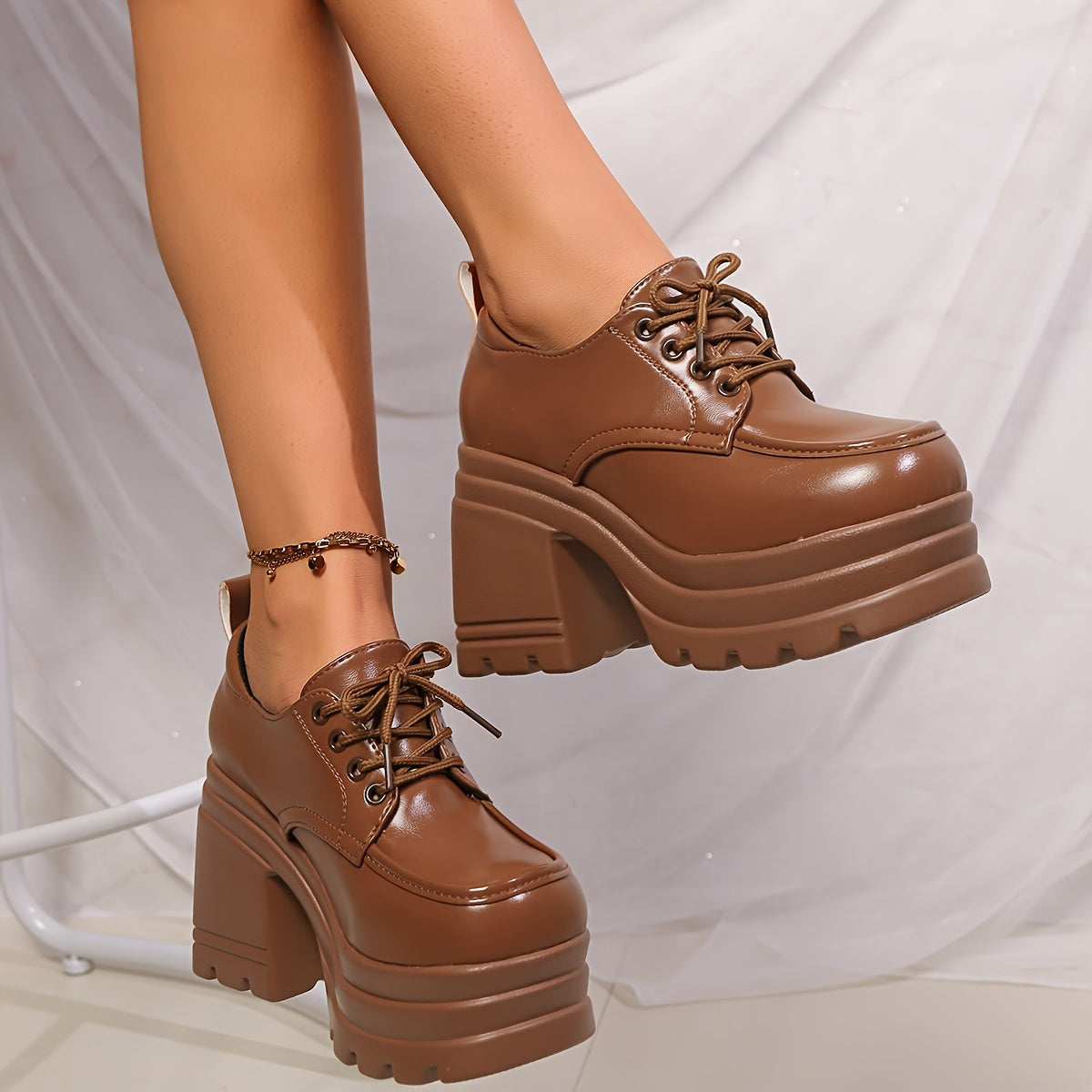 Women's Autumn Winter Thick Bottom Lace-Up Shoes 10cm Heightening Pastry