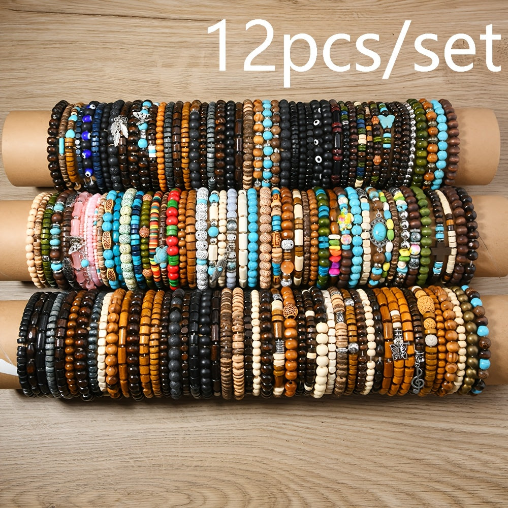 Set of 12 or 24 Autumn Winter Wooden Bead Stackable Elastic Wire Bracelets for Women