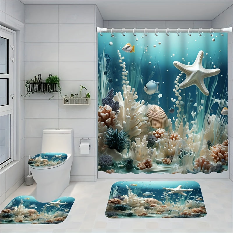 Blue Coral Print Shower Curtain Set with Waterproof Curtain Floor Mat and Hooks