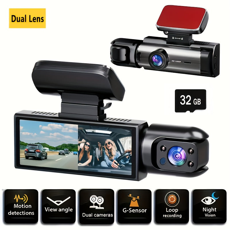 Dual Camera Car Dash Cam 1080P Front 480P Inside Night Vision Wide Angle 8.03cm IPS Screen Optional 32GB SD Card