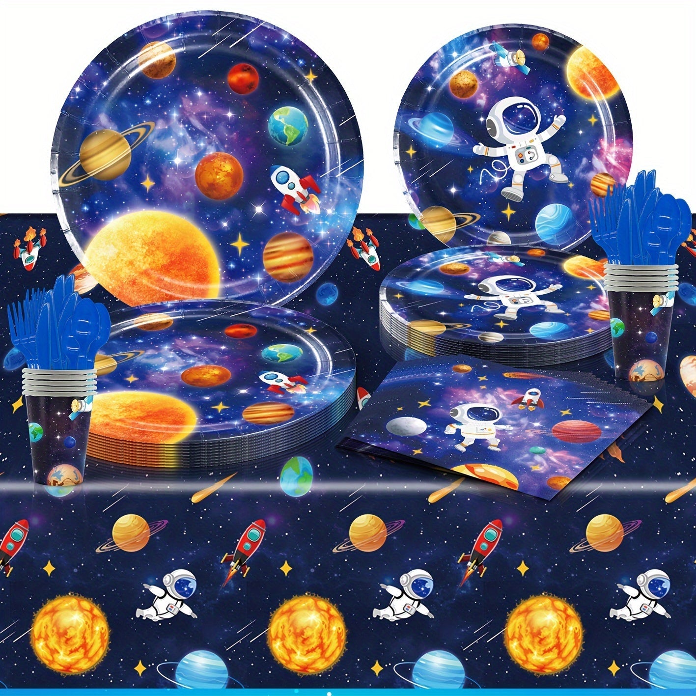 Kosmonavt va sayyoralar dizayni bilan bir marta ishlatiladigan stol qopqog'i, kosmik mavzuli partiyalar uchun ideal. To'rtburchaklar shakli bilan plastmassadan tayyorlangan.