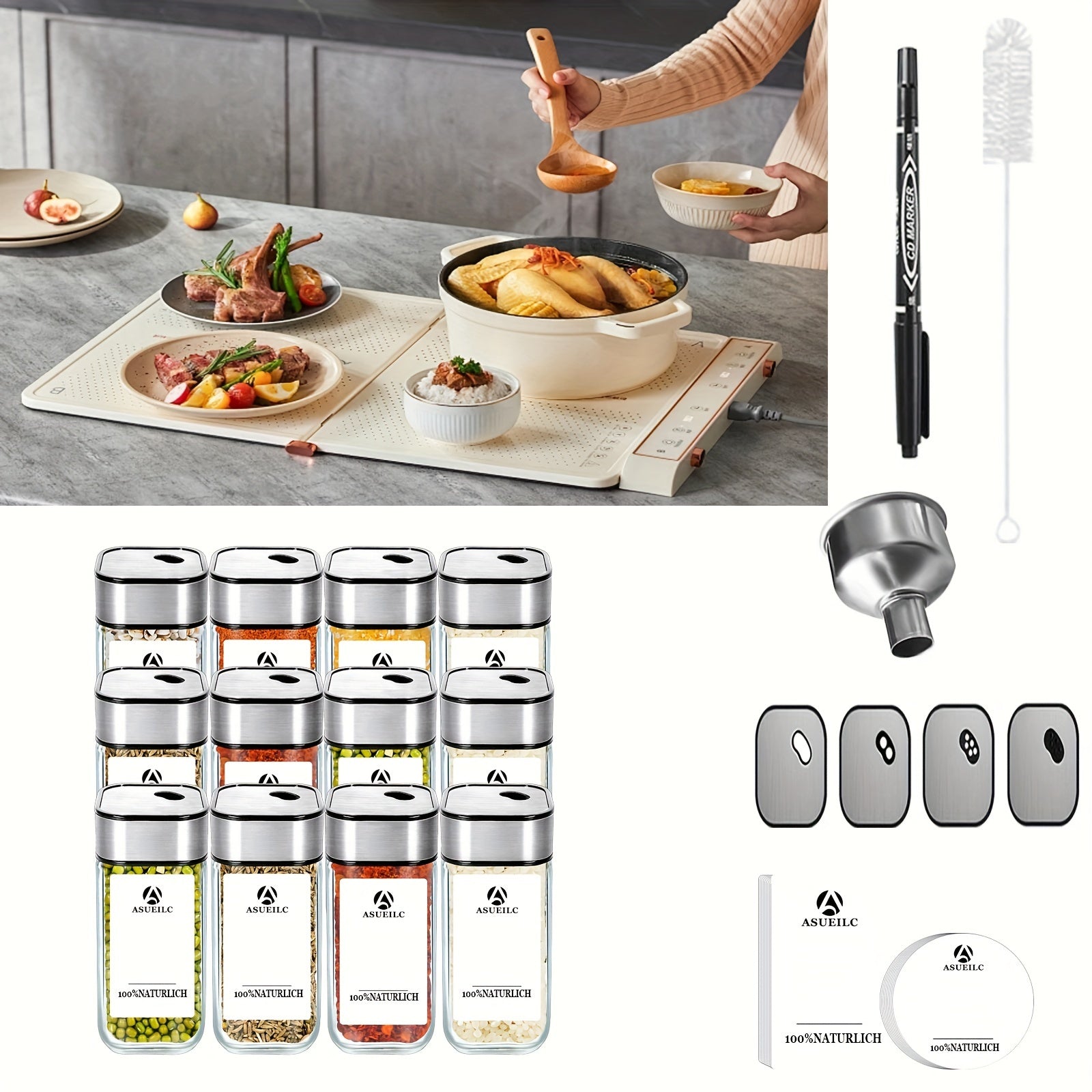 Set of 24 Square Glass Spice Jars with Writable Labels and Twist-Top Lids