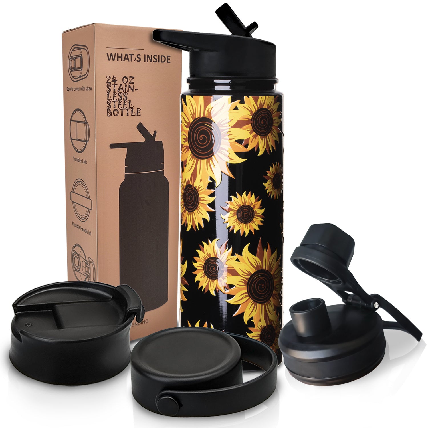 Botella de agua de acero inoxidable de 24oz con 4 tapas, pajilla y cepillo para acampar, senderismo y fitness