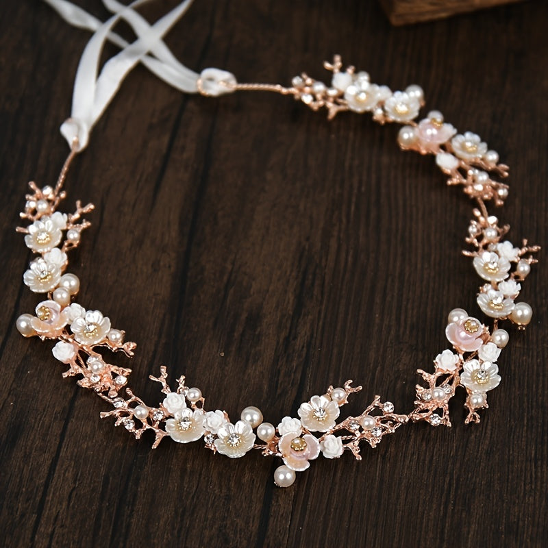 Women's Boho Rhinestone Flower Pearl Headband Wedding Hair Accessory