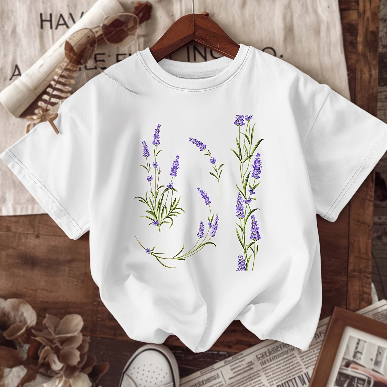 Plus Size Women's Lavender Letter Print Casual T-Shirt Floral Short Sleeve