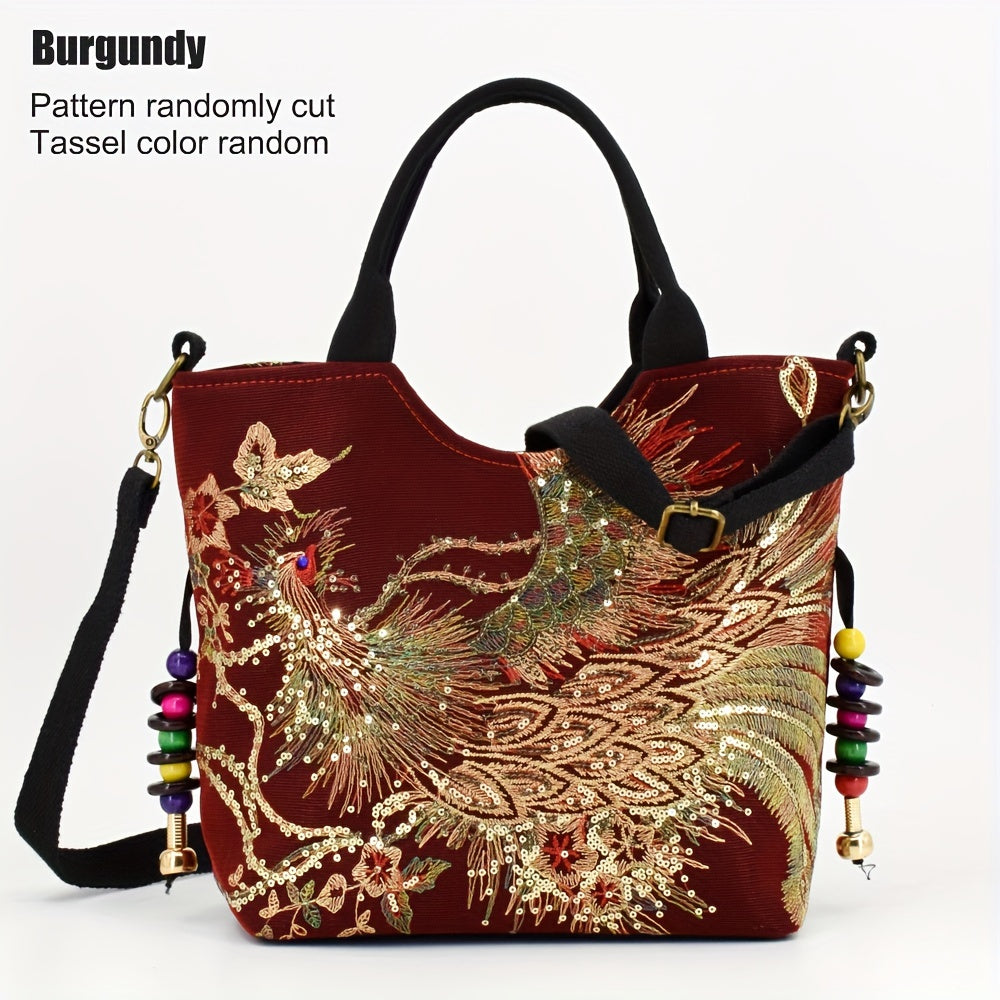 Embroidered Canvas Satchel Bag for Women with Double Handles and Removable Strap in Animal Print
