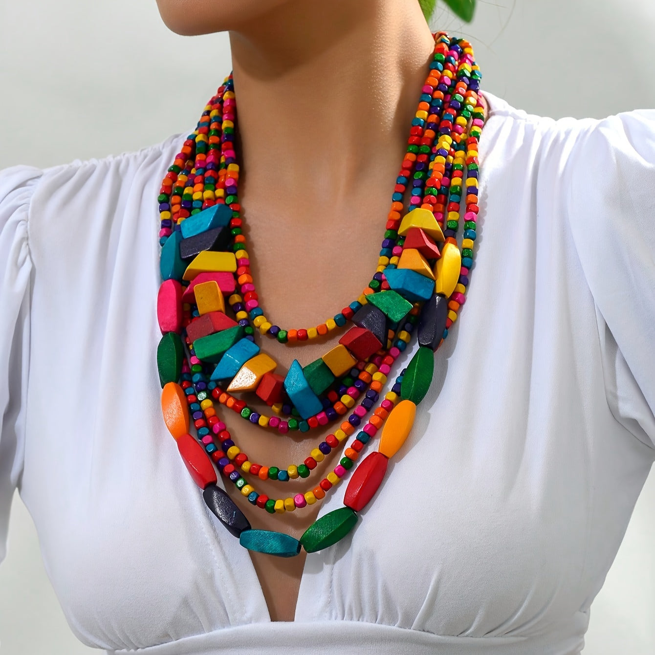 Colorful Bohemian Wooden Layered Necklace for Women and Teen Girls Casual Jewelry