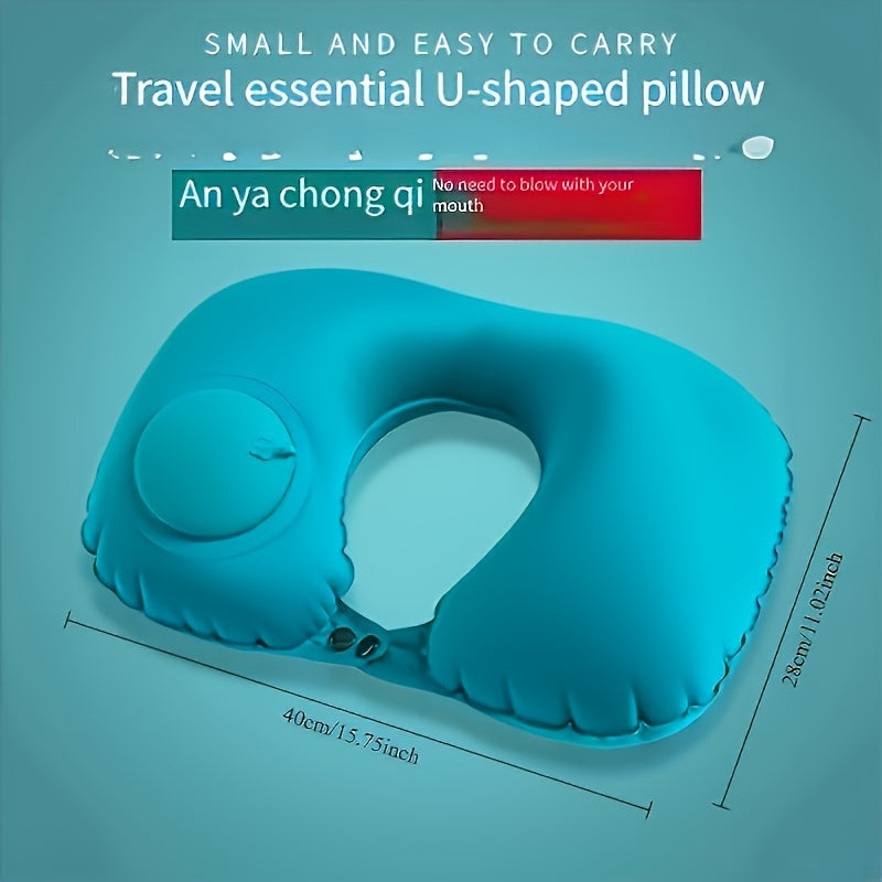 Portable Inflatable U-Shaped Neck Pillow Waterproof Soft Blue Travel Cushion