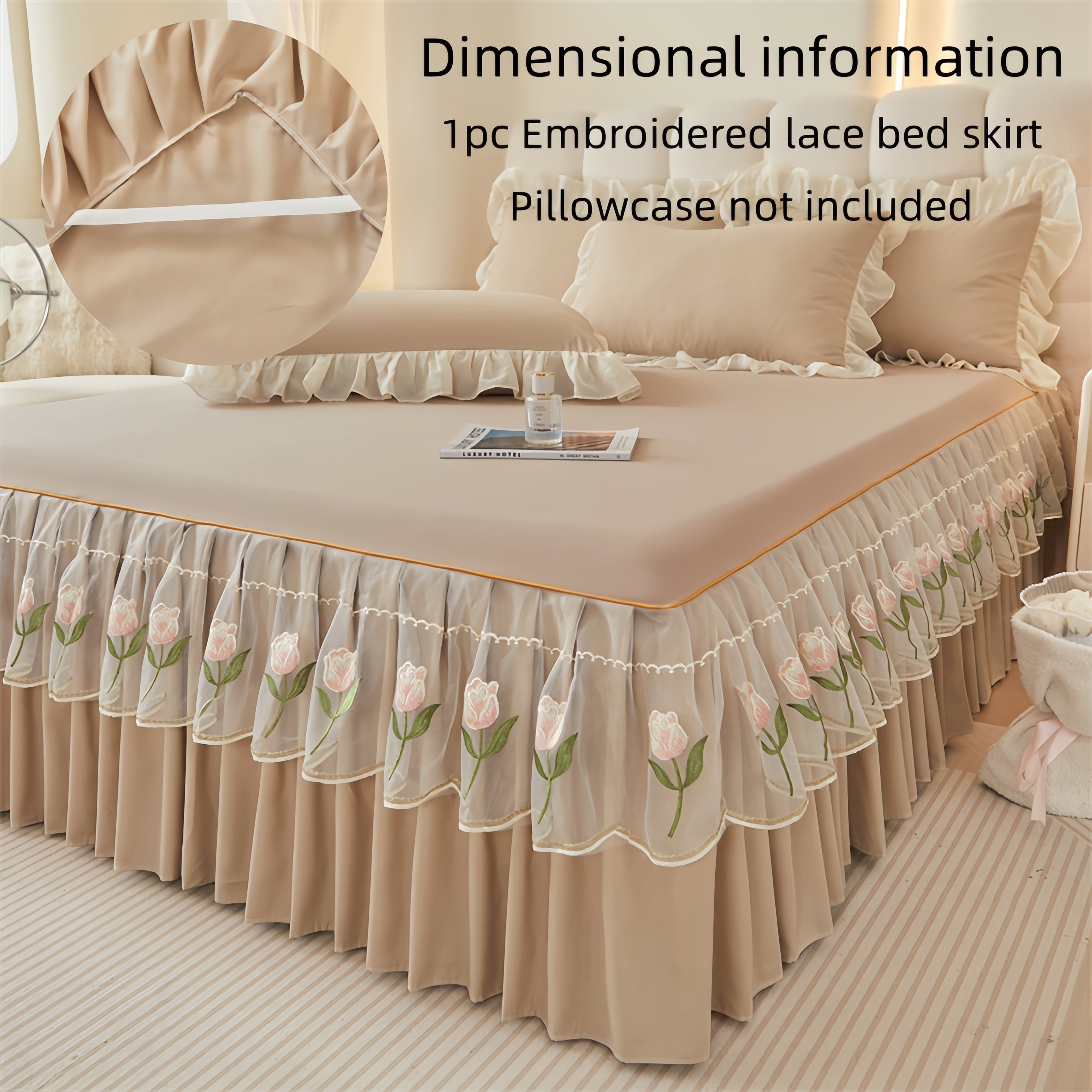 Falda de cama de lujo con borde de encaje y bordado de rosas, lavable a máquina, poliéster suave, fijación antideslizante con cinta