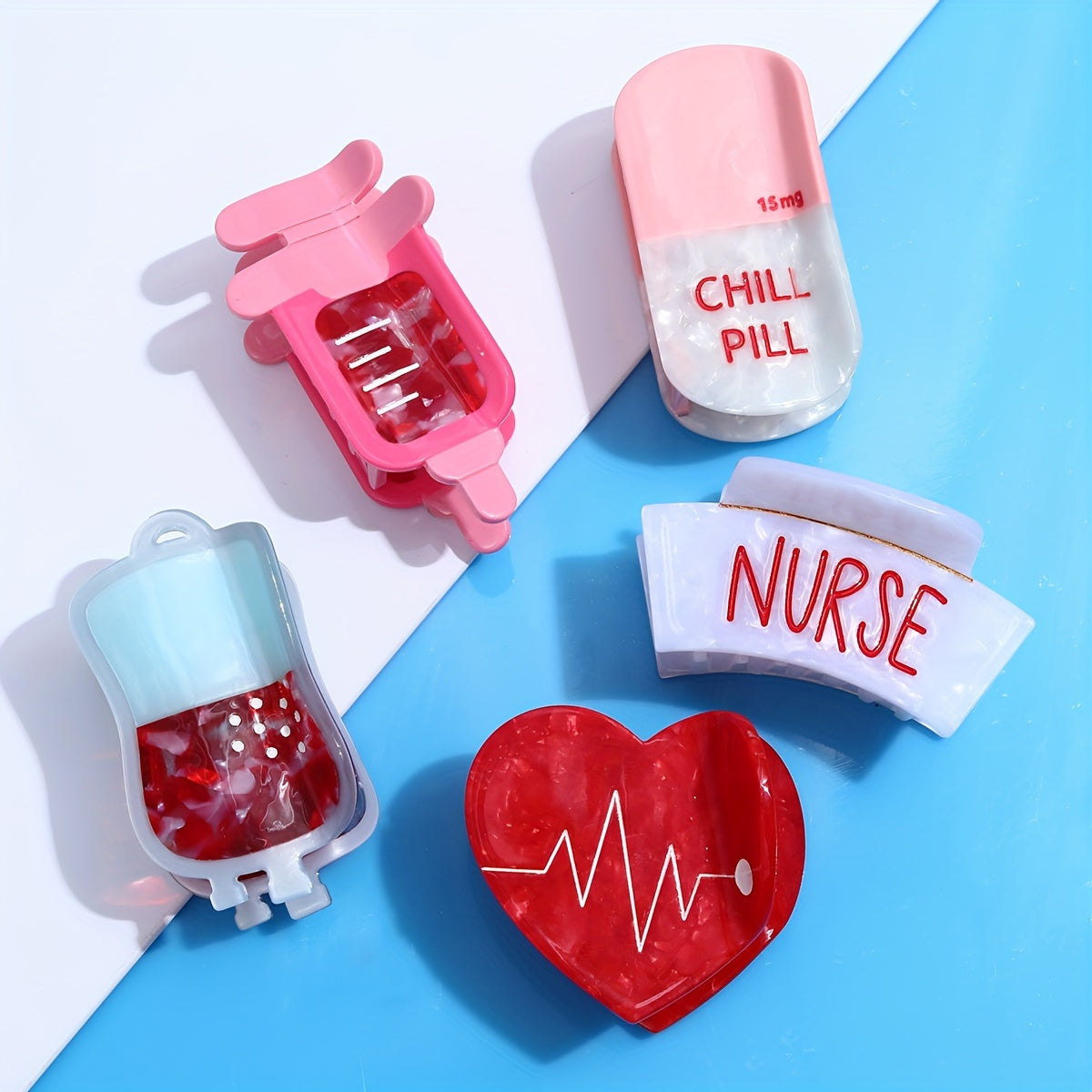 Single Piece Nurse Themed Hair Clip for Medical Professionals Stylish Acetic Acid Oval Claw with Blood Bag Syringe and Chill Pill Design