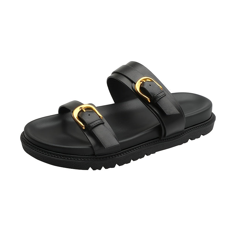 Women's Black Flat Sandals with Buckle Closure, Round Toe, Thick Sole