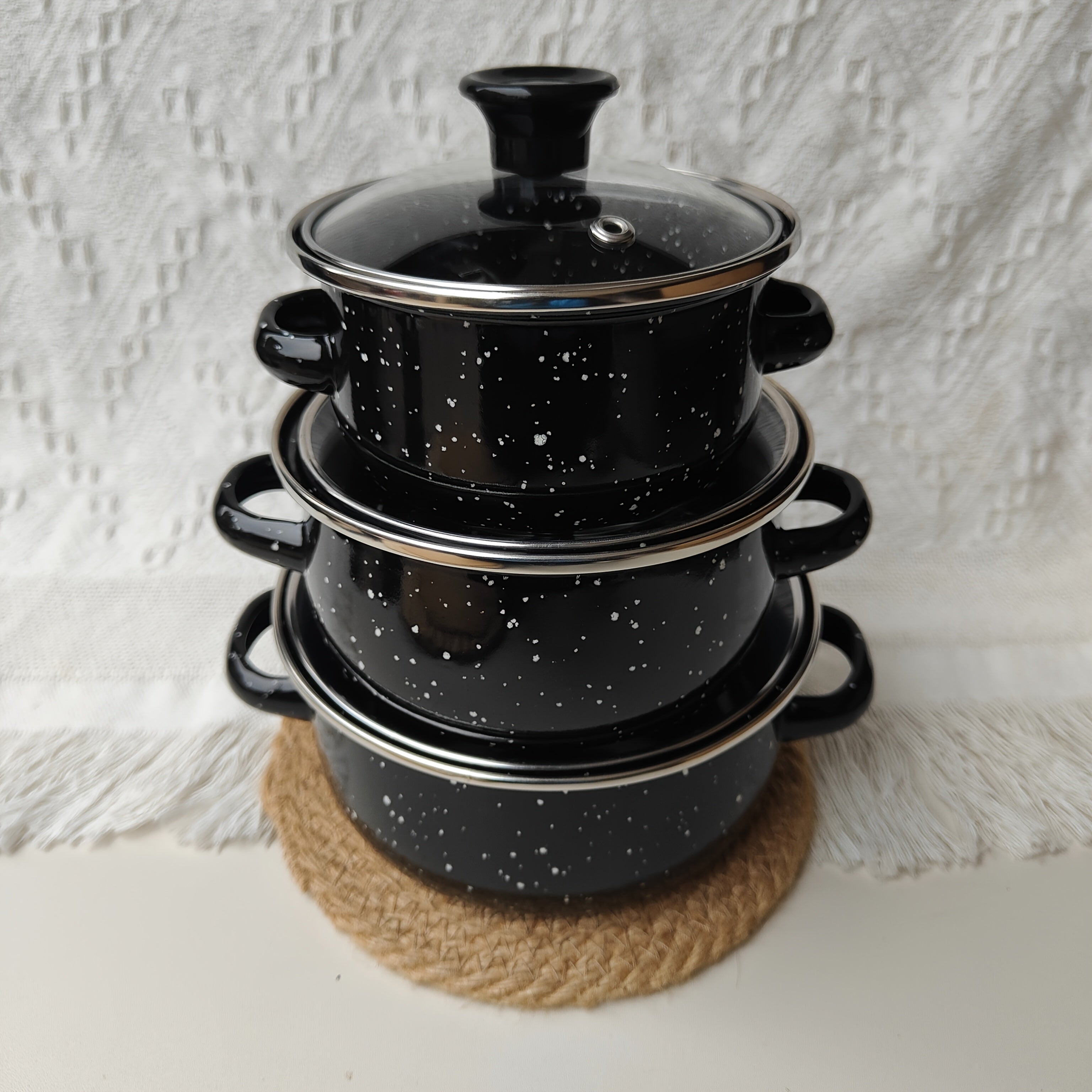 Enamel Cookware Set Includes 3 Mini Pots 12/14/16cm Solid Color Speckled Design
