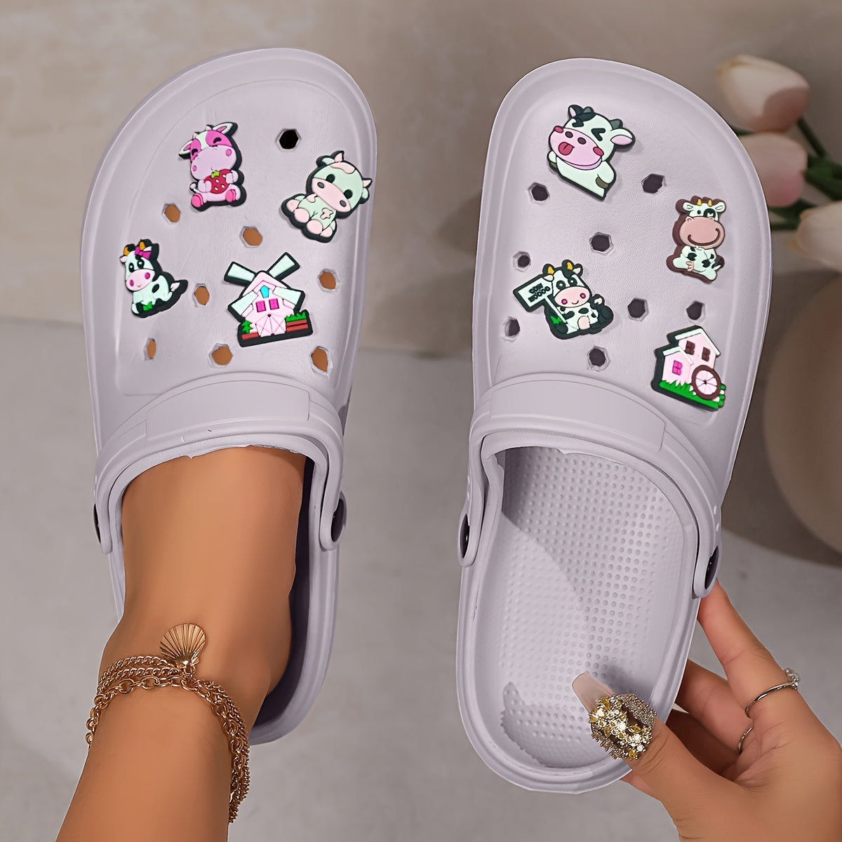 Women's Summer EVA Clogs with Cartoon Cow and Windmill Charms Sandals