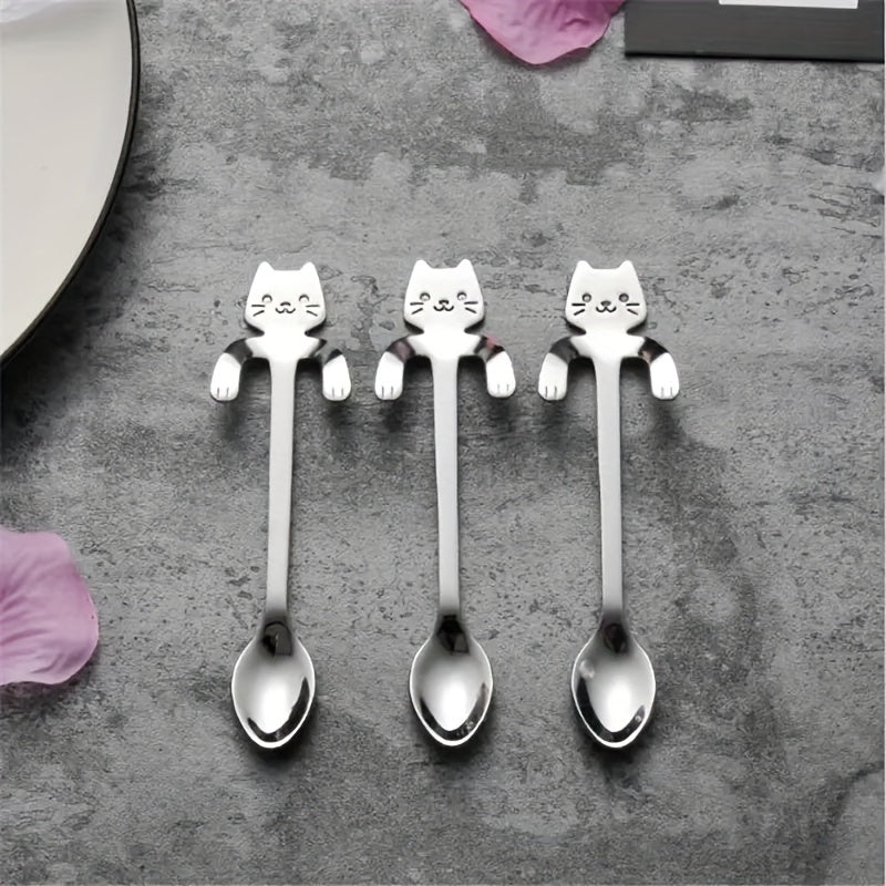 Set of 6 Cat-Shaped Stainless Steel Spoons for Coffee Tea Desserts