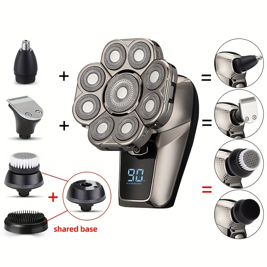 Мужской беспроводной электробритва с роторными лезвиями, триммером для носа и массажной щеткой