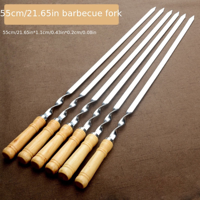 6pcs 55cm Stainless Steel and Wood BBQ Skewers with Long Handles for Outdoor Grilling