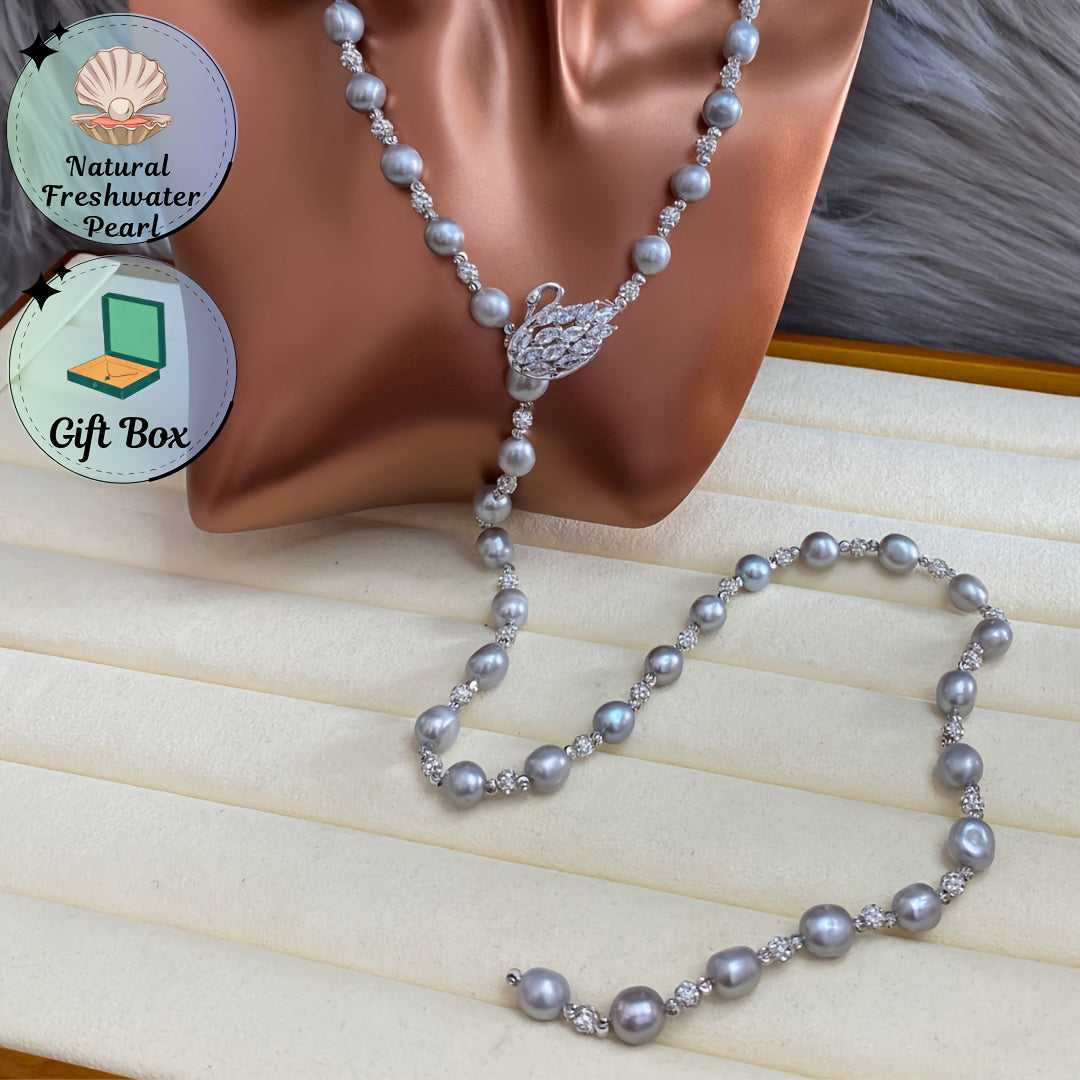 Freshwater Pearl Y-Necklace with Swan Clasp Silver Gray for Fall Winter Gift