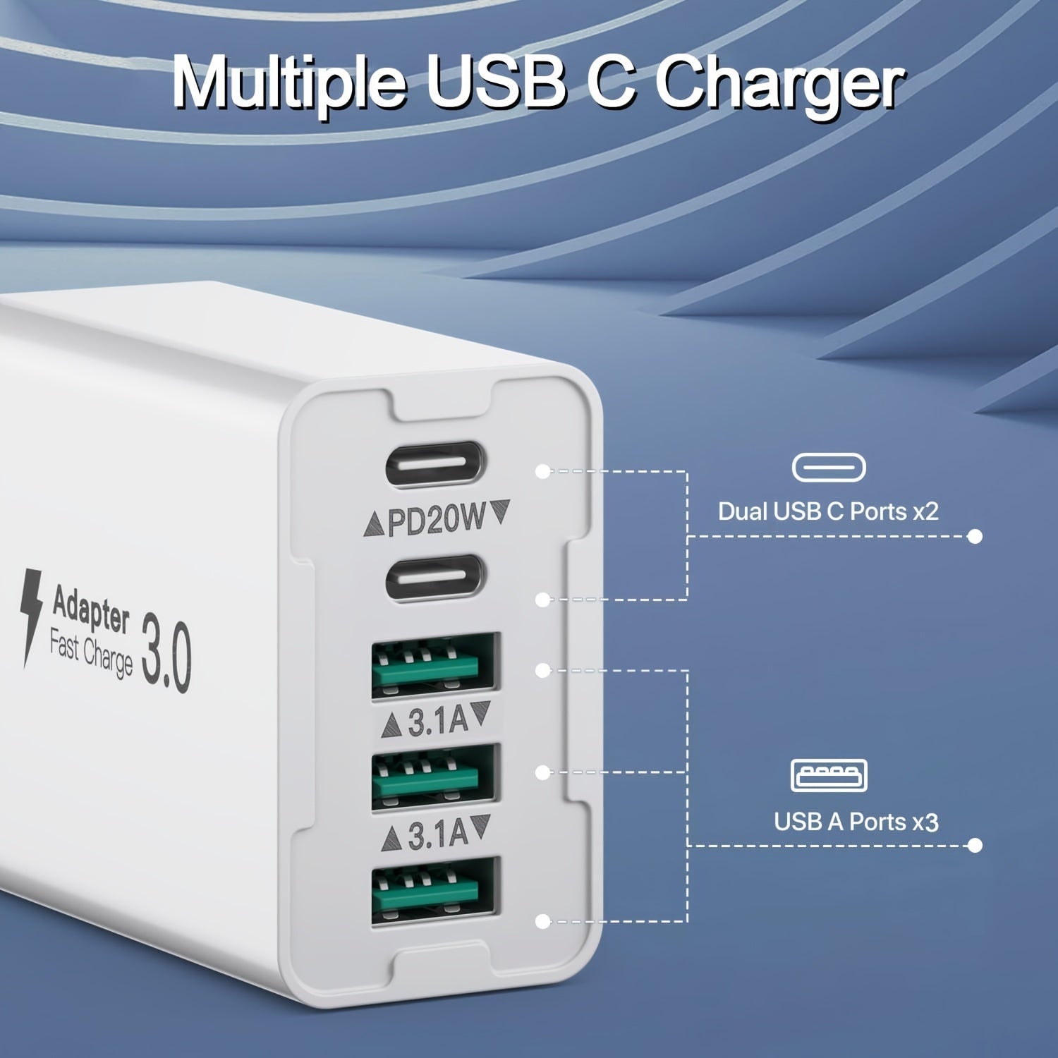 50W USB-C зарядка блоки, 5 портли тез зарядлаш EU ўтказгичи планшетлар ва смартфонлар учун