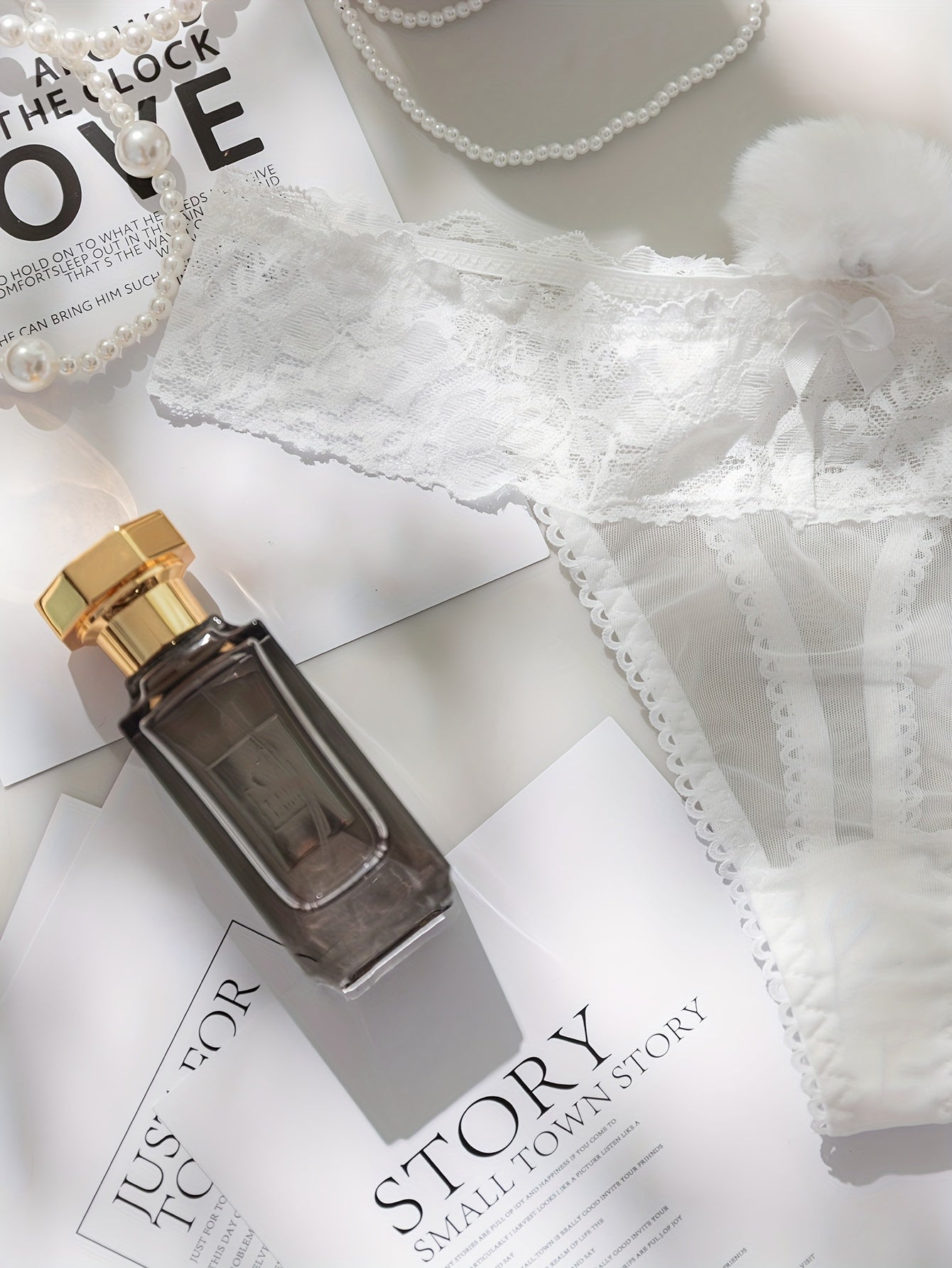 Women's encaje ribete pompón bragas de cintura baja ropa interior cómoda