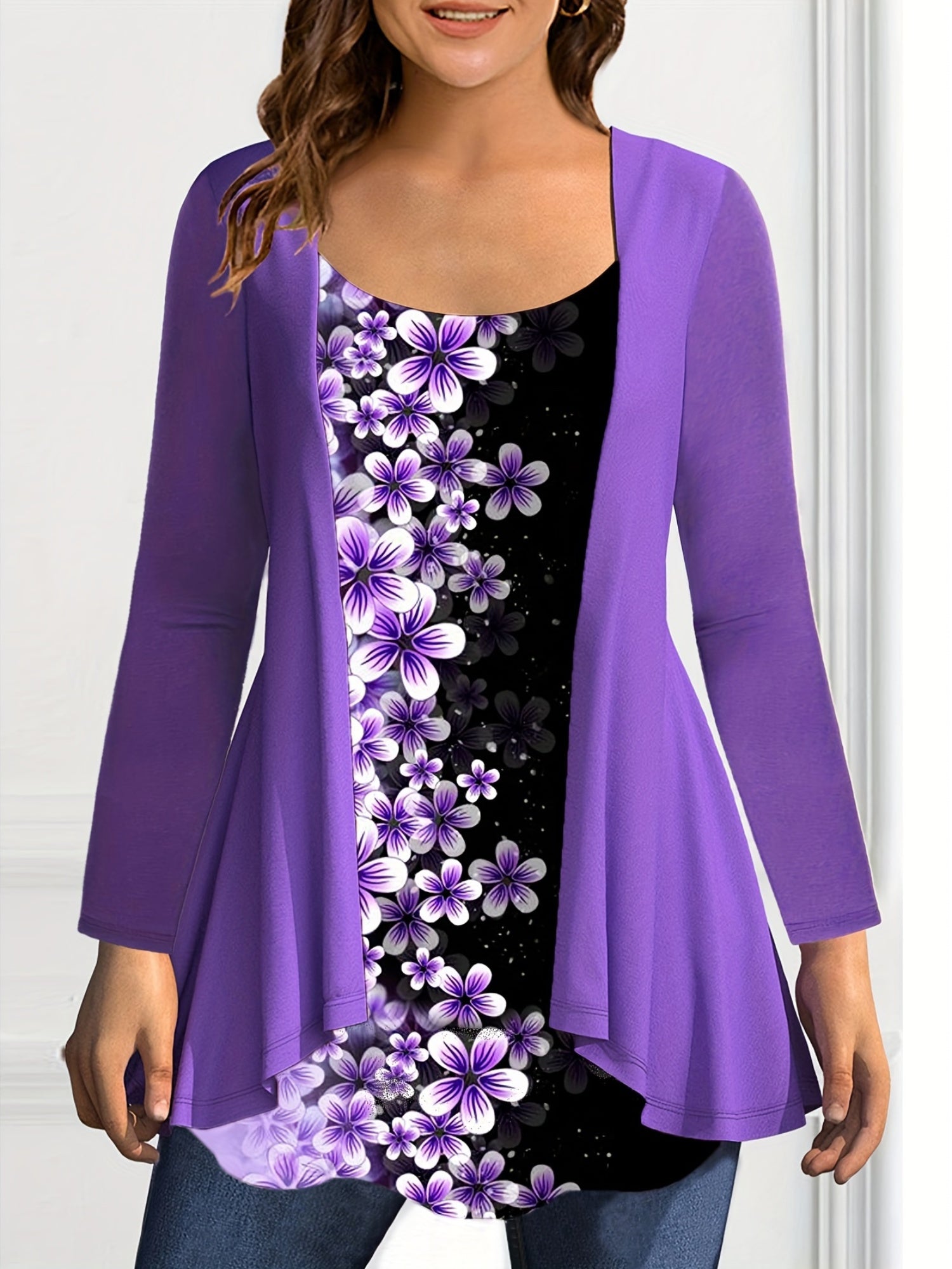 Women's Plus Size Floral Print Cardigan Lightweight Long Sleeve Spring Fall