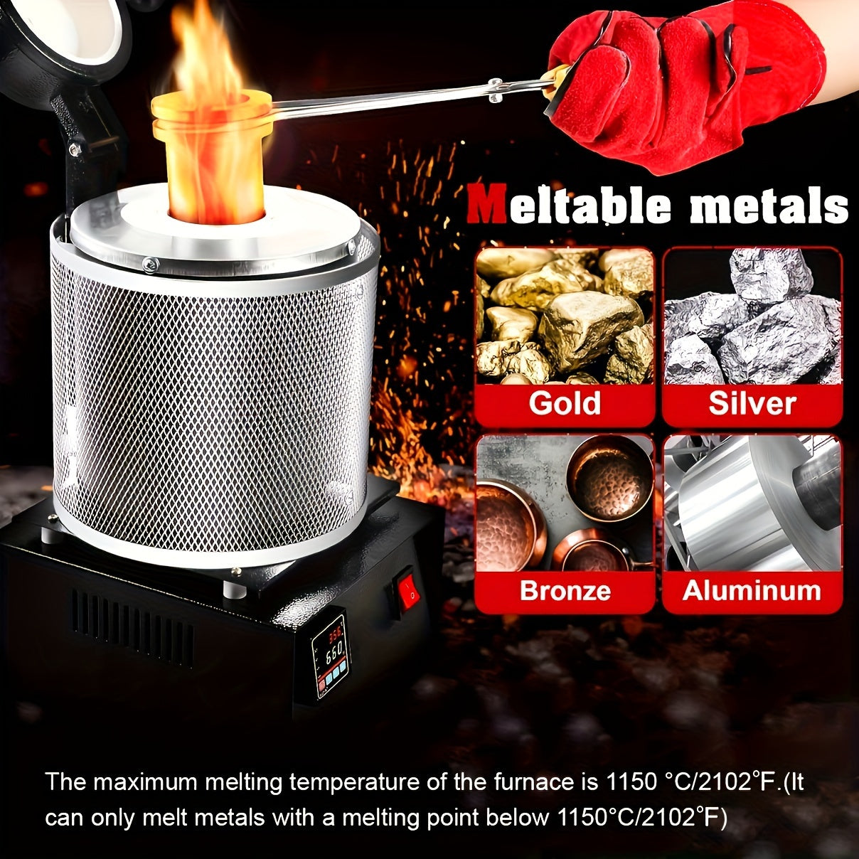 3kg Metal Melting Furnace Kit with Stainless Steel Crucible and Ceramic Insulation