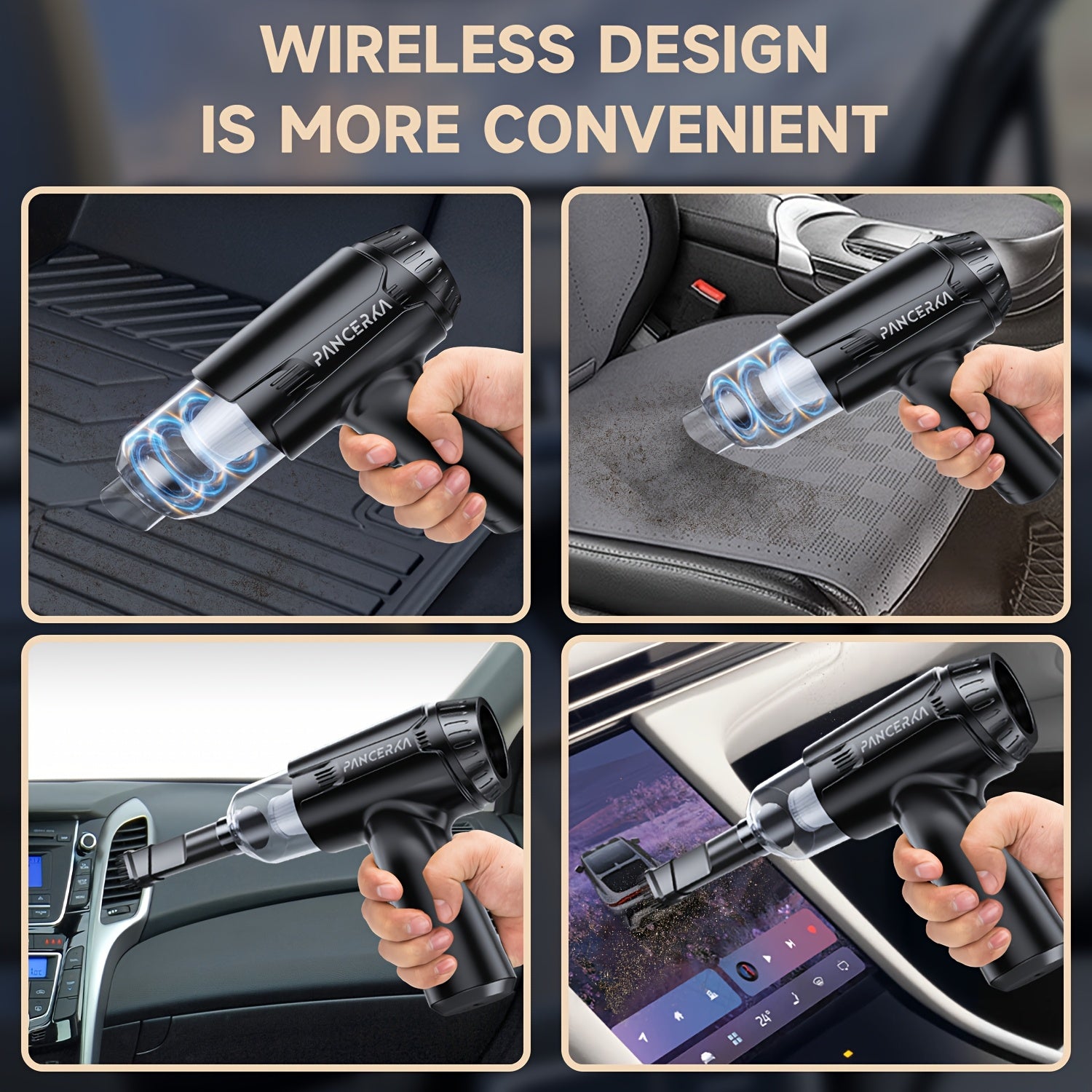 PANCERKA Qo'l bilan ishlatiladigan Avtomobil Changyutgichi, 6000PA Portativ Simsiz, Ko'p nozzle'lar, Avtomobil, Uy, Hayvon, Ofis uchun ixcham