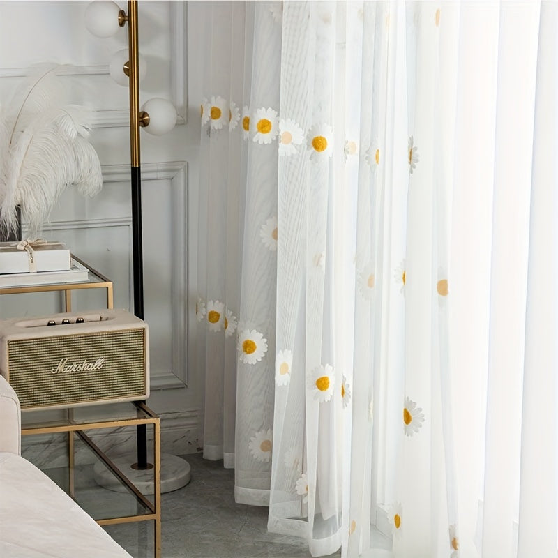 "Тюлевая занавеска с узором желтой ромашки, полупрозрачная панель с вышитыми цветами в деревенском стиле, занавеска с люверсами для кухни, ресторана или домашнего декора"