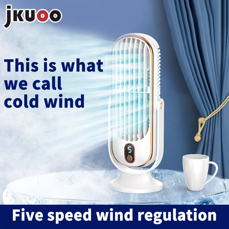 Compact USB rechargeable desk fan with dual blades 5-speed control for office bedroom use