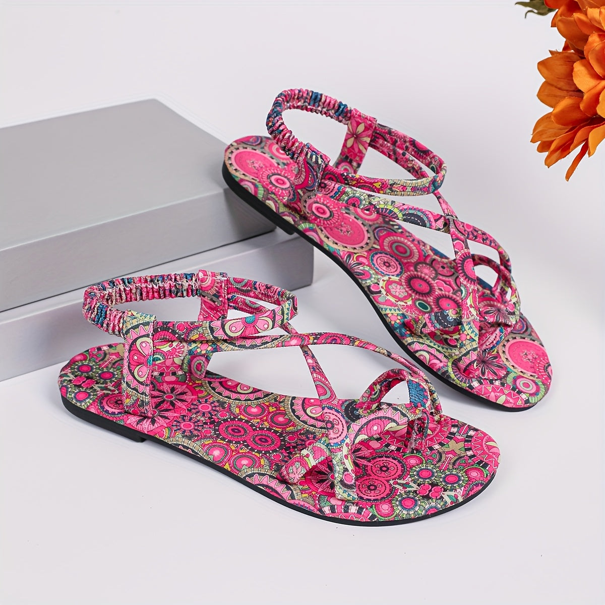 Women Bohemian Floral Flat Sandals Cross-Strap Open-Toe Breathable Fabric