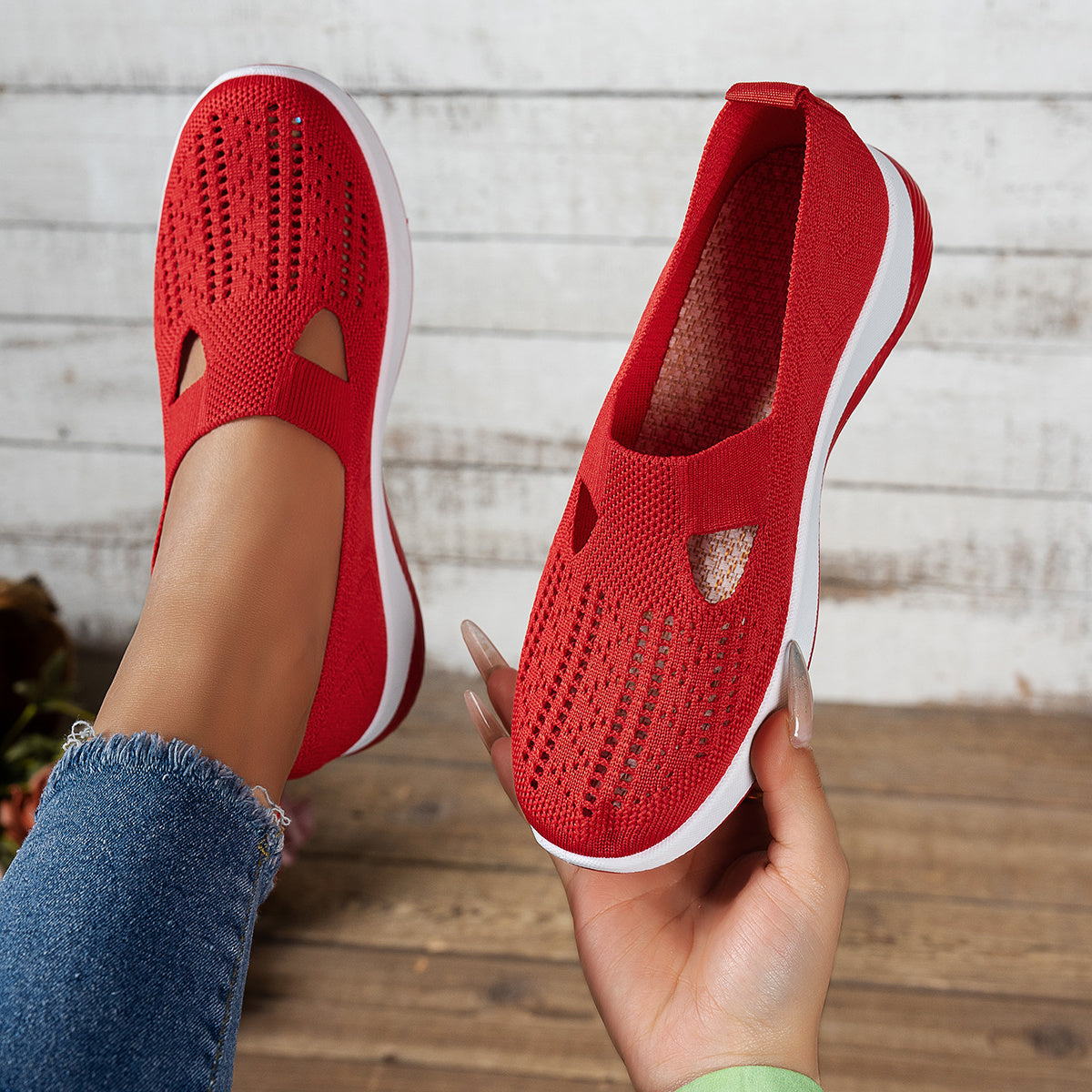 Ayollar uchun nafas oladigan tarmoqli slip-on sport poyabzali, engil yurish uchun, rezina taglik