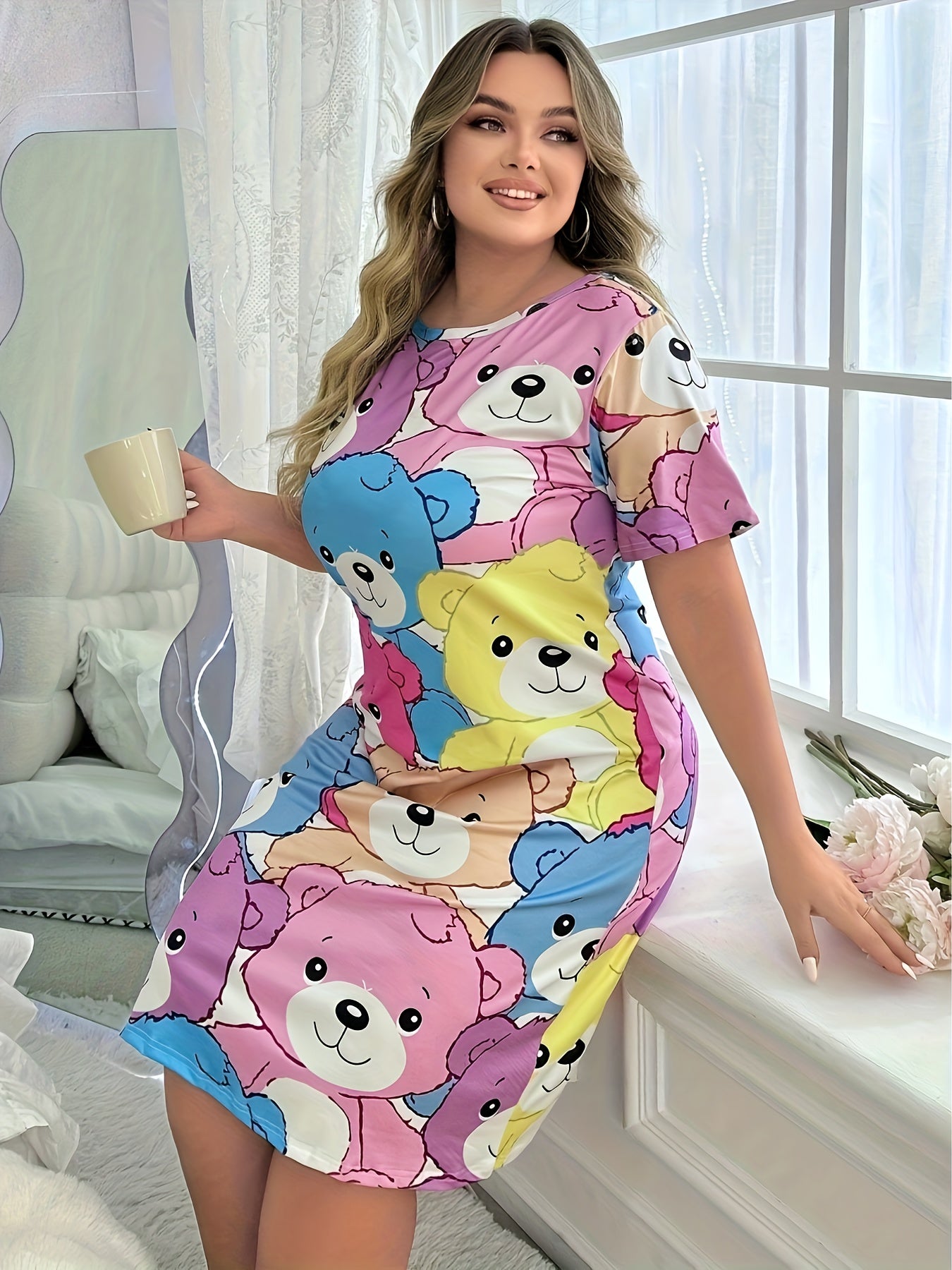 Plus Size Girls Night Dress Cartoon Bear Print Short Sleeve Sleepwear