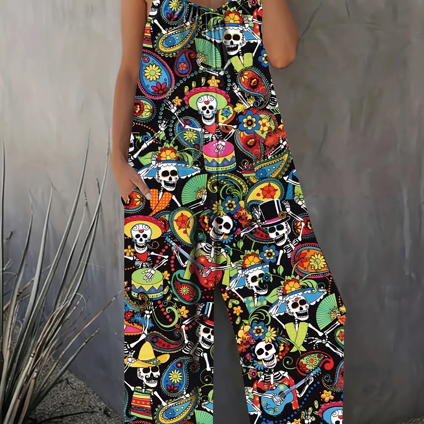 Mono corto casual sin mangas con estampado de calaveras en talla grande, con bolsillos y fruncido