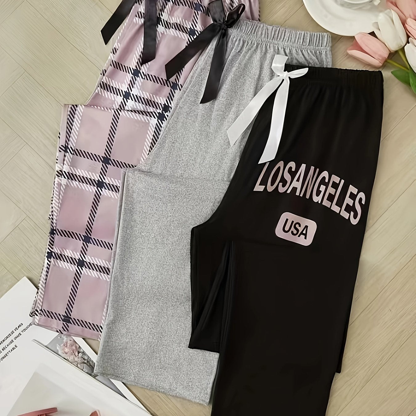 Women's Plus Size Casual Sleep Pants with Plaid Print and Bow Decor