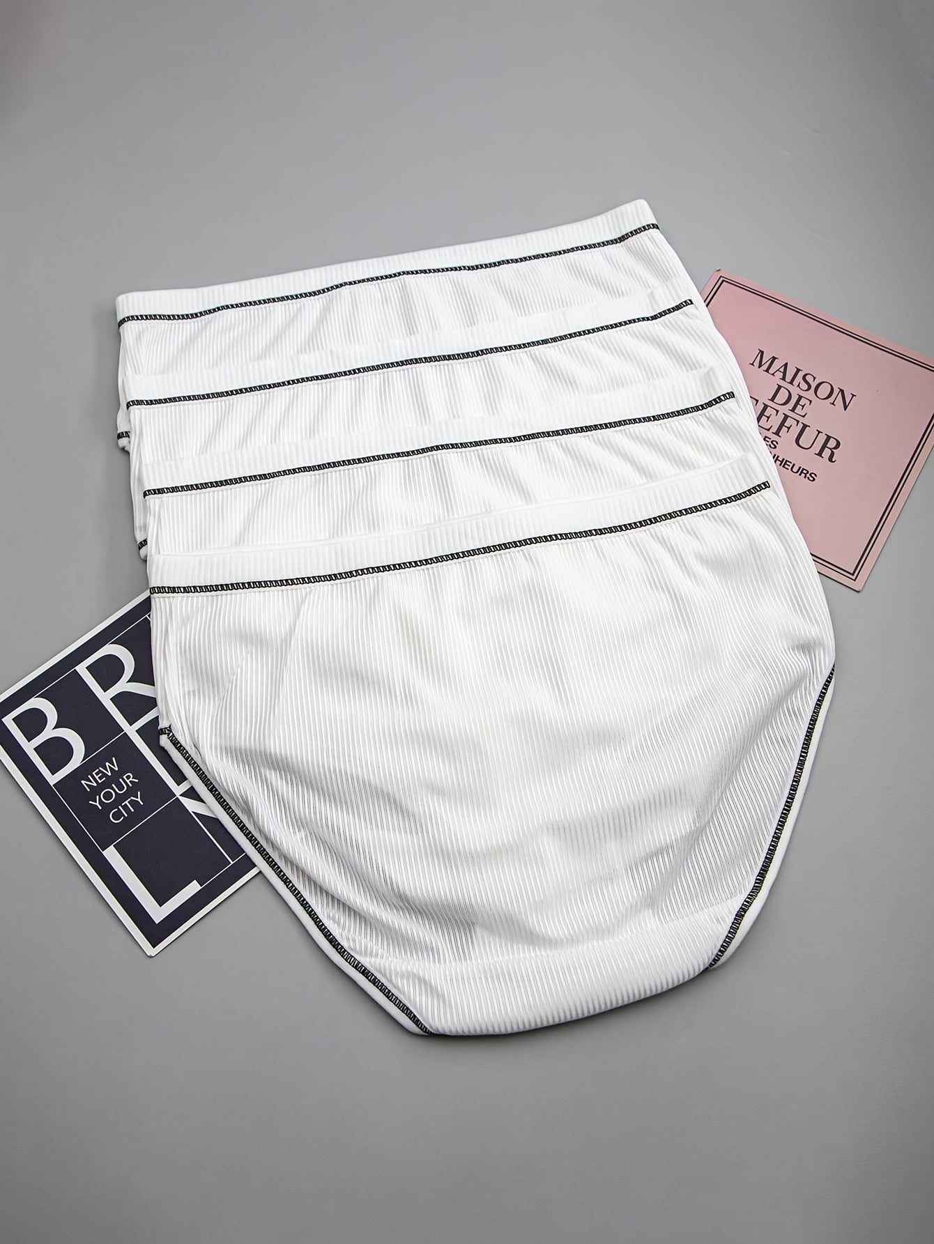 Women's Mid-Rise Briefs Set of 4 Ribbed Stretchy Polyester Blend Assorted Colors Bow Detail