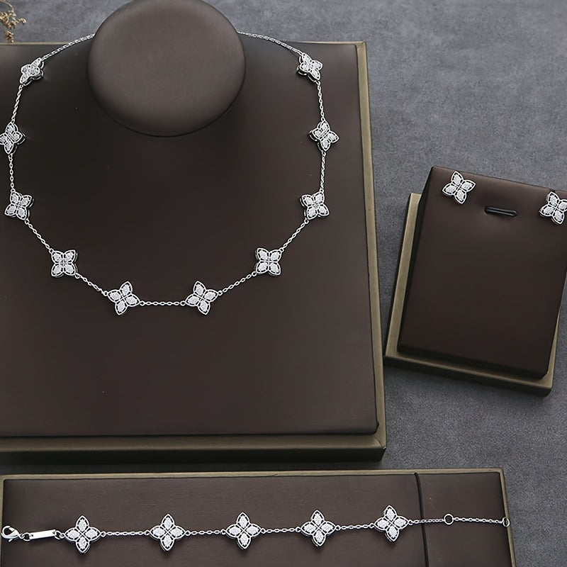 Women's Jewelry Set Cubic Zirconia Four-Leaf Flower Necklace Earrings Bracelet White Gold Plated