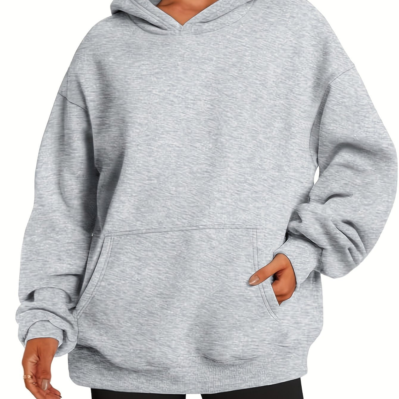 Plus o'lchamli kapüşonli svitshot, cho'ntakli, polyester tikilgan mato, kuz-qish