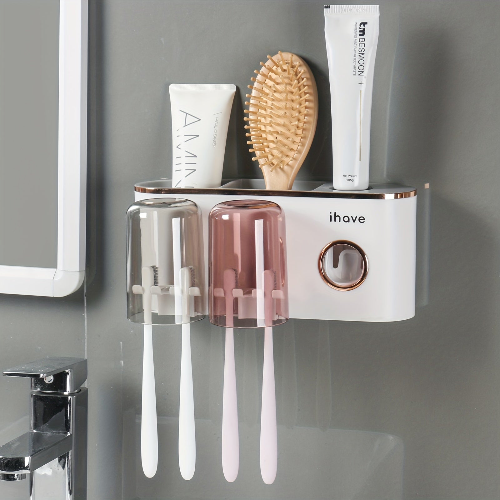Wall-Mounted Bathroom Toothbrush Holder with Dispenser and Tumbler Set