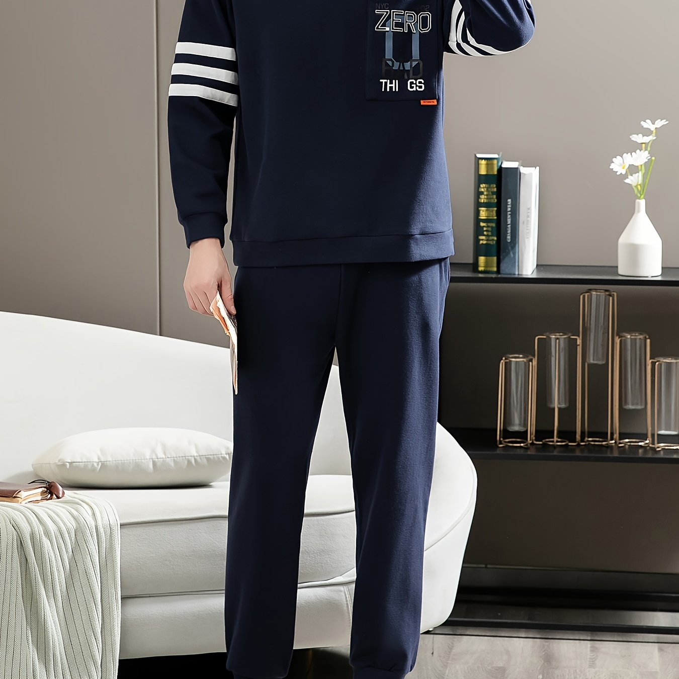 Men's Cotton Pajama Set with Letter Graphic Print Long Sleeve Crew Neck Top and Loose Pants for Spring and Fall