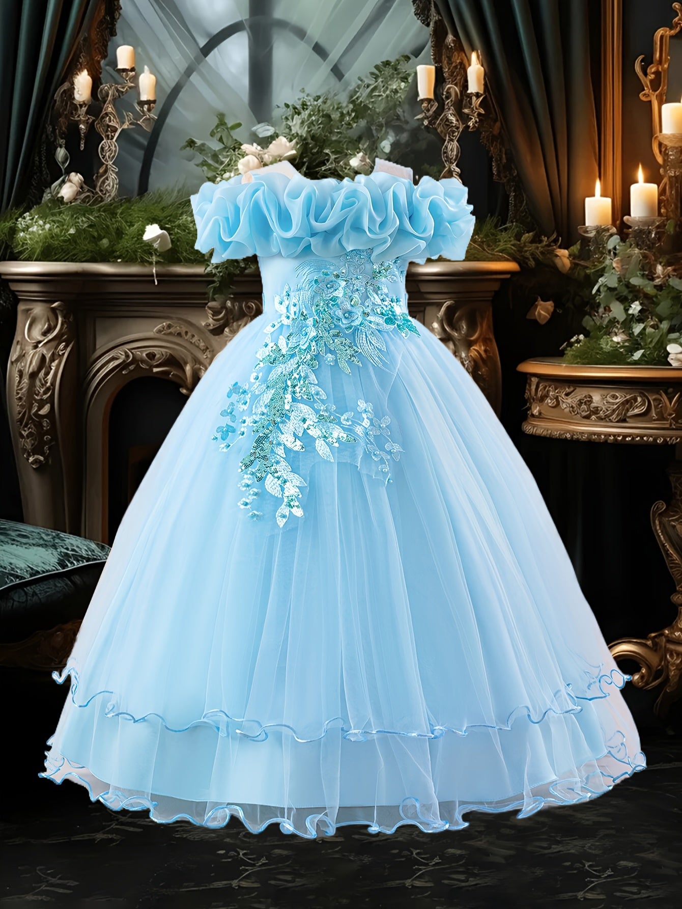 Girls' Long Embroidered Off-Shoulder Princess Dress with Pearl Tassels for Weddings and Parties