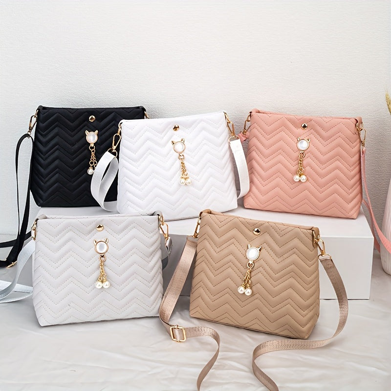 Quilted Crossbody Bag with Adjustable Strap Faux Pearl Embellishment Chevron Pattern in Khaki White Pink Black
