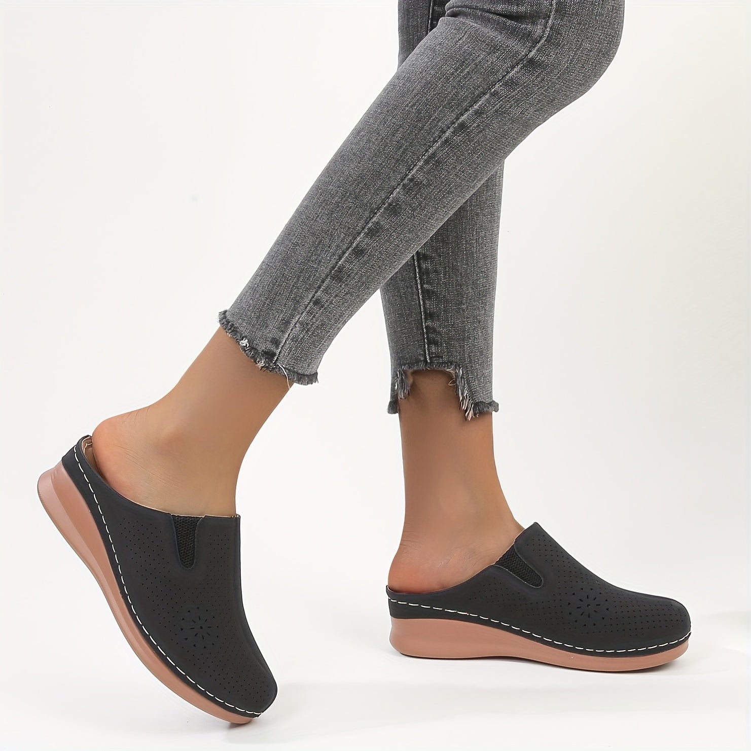 Women’s Perforated Wedge Mule Slide Sandals Casual Summer Outdoor Shoes