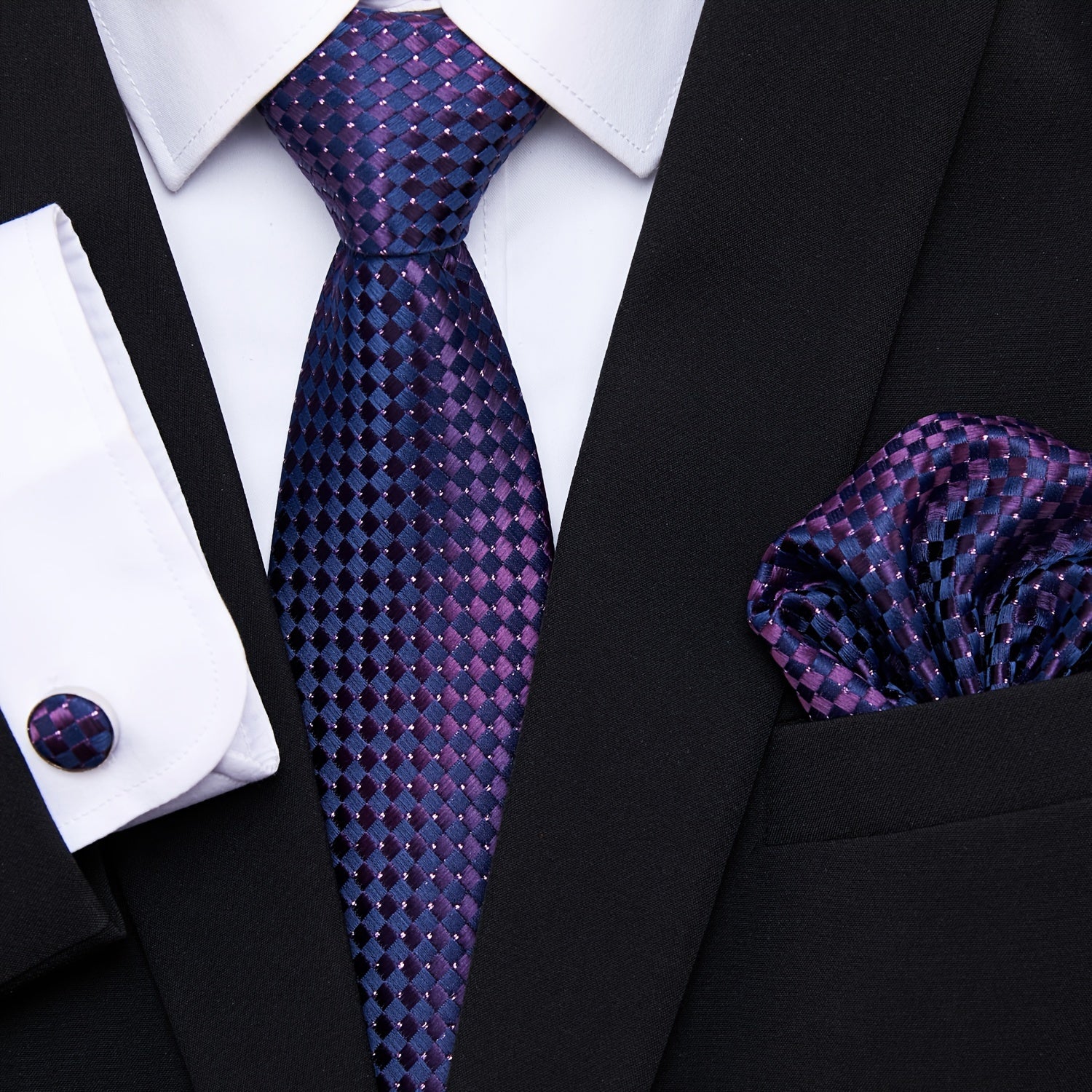 Men's Blue Jacquard Floral Tie Set with Pocket Square and Cufflinks for Weddings and Formal Events