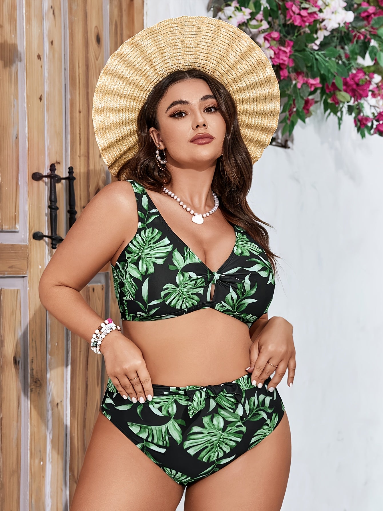 Women's High Elastic V-Neck Printed Bikini Set with Knit Fabric