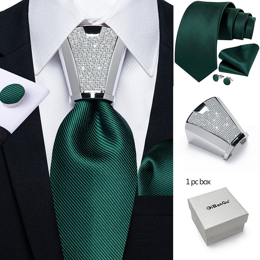 Men's Business Accessory Set with Silver Ring Cufflinks and Handkerchief