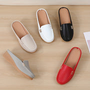 Women Slip-On Loafers Faux Leather Casual Shoes Golden Buckle All-Season