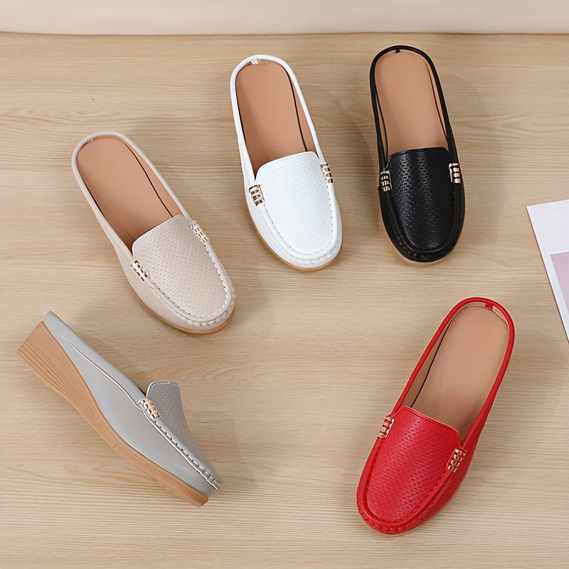 Women Slip-On Loafers Faux Leather Casual Shoes Golden Buckle All-Season