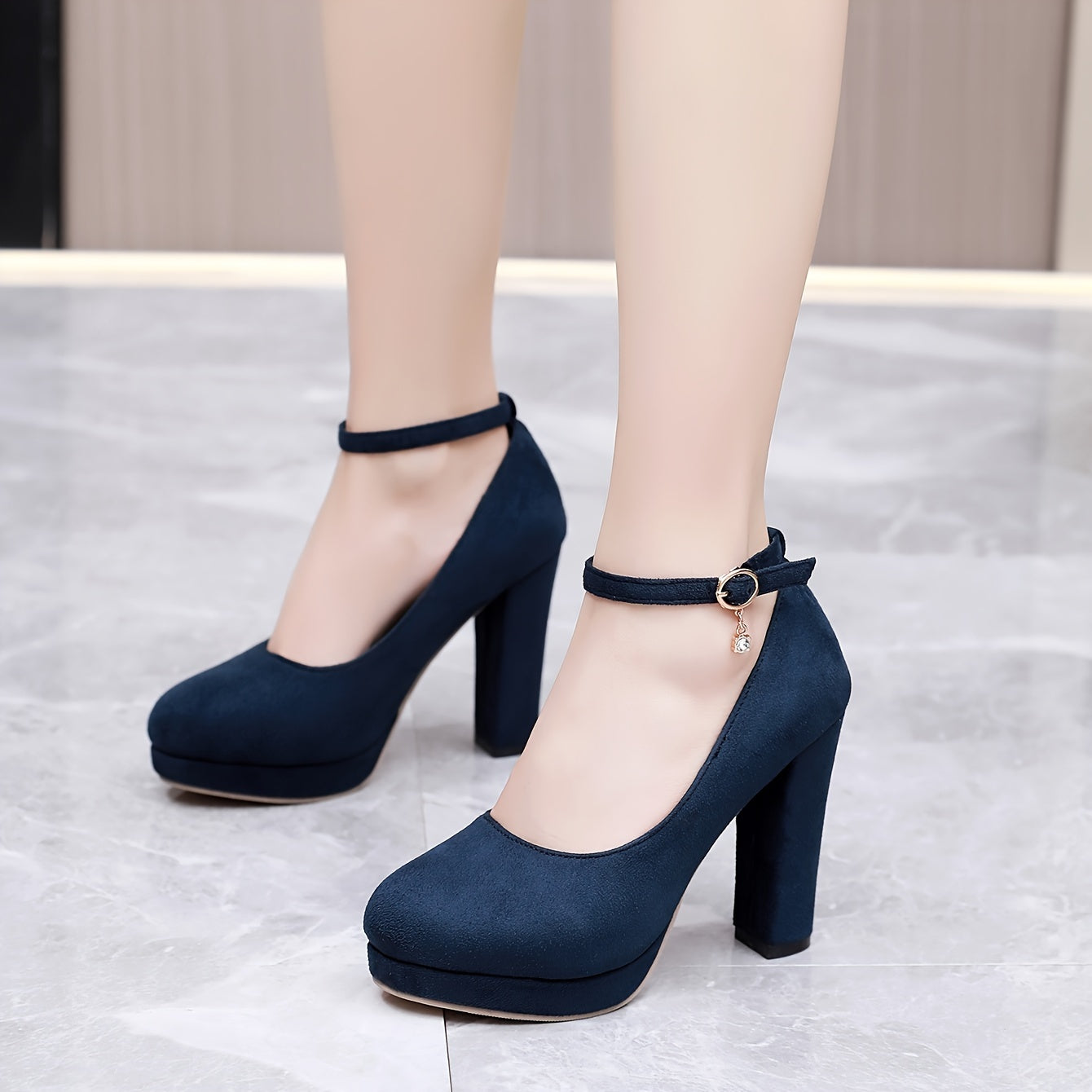 Women's Solid Color Elegant Pumps Shallow Mouth Ankle Strappy Buckle Chunky Heels