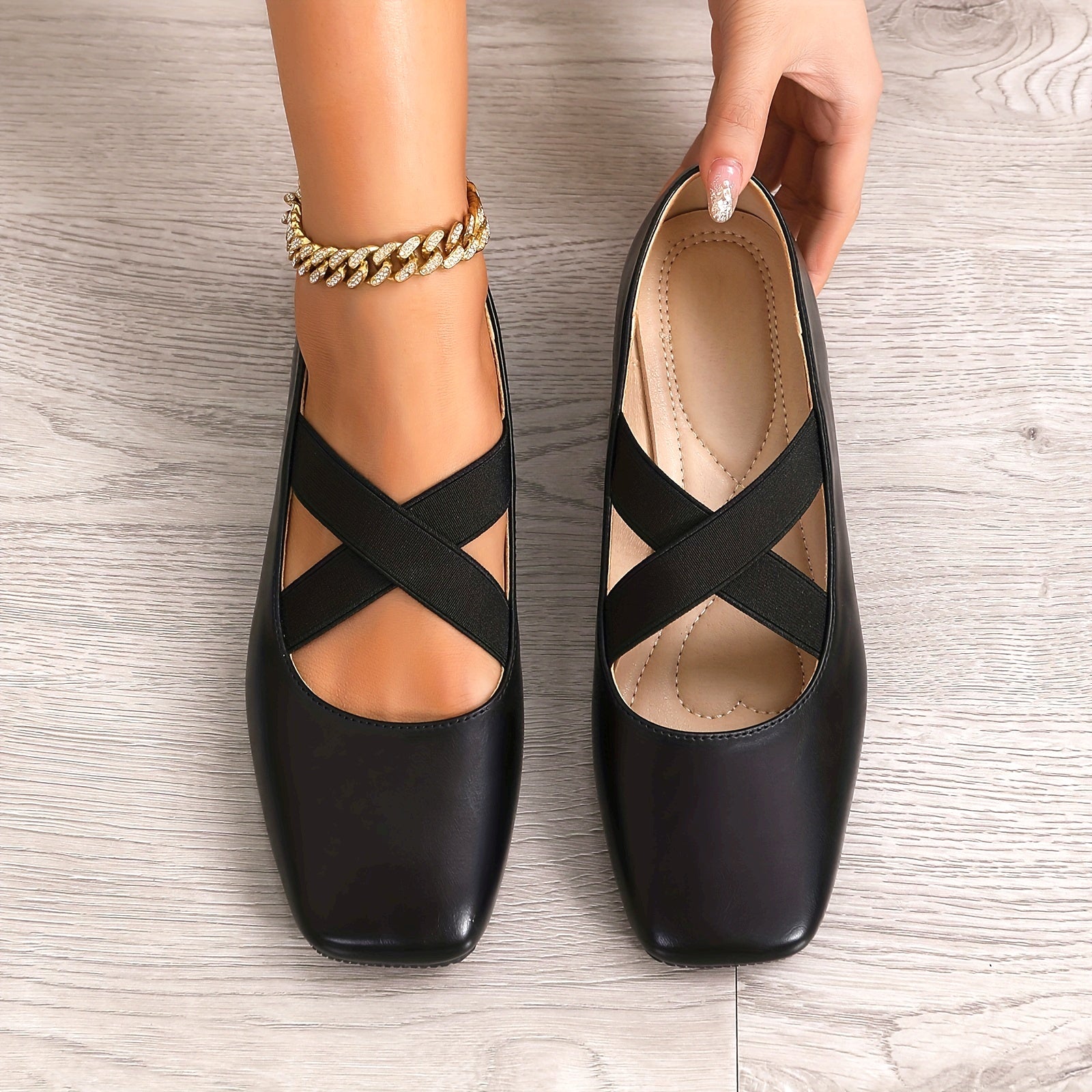 Zapatos planos de punta cuadrada para mujer, bailarinas slip-on con correas elásticas